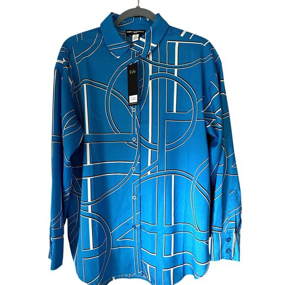 Karl Lagerfeld Paris Blue Logo Print Button Front Blouse Shirt Sz S or M - Picture 1 of 4